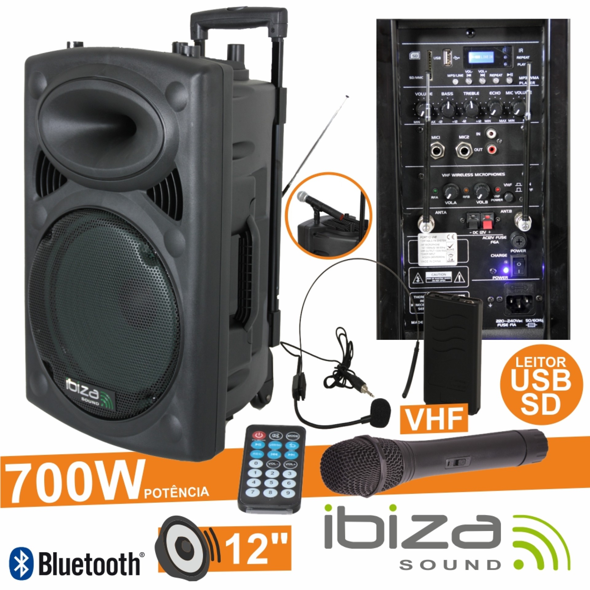 SISTEMA DE SONIDO PORTÁTIL 700W IBIZA 12 VHF CON BATERÍA