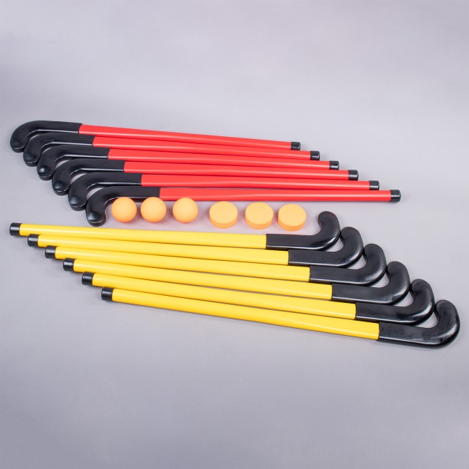 HOCKEY KIT 12 PVC AND RUBBER STICKS + 3 BALLS + 3 DISCS