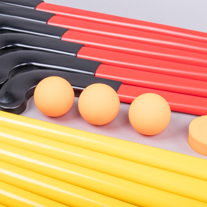 HOCKEY KIT 12 PVC AND RUBBER STICKS + 3 BALLS + 3 DISCS